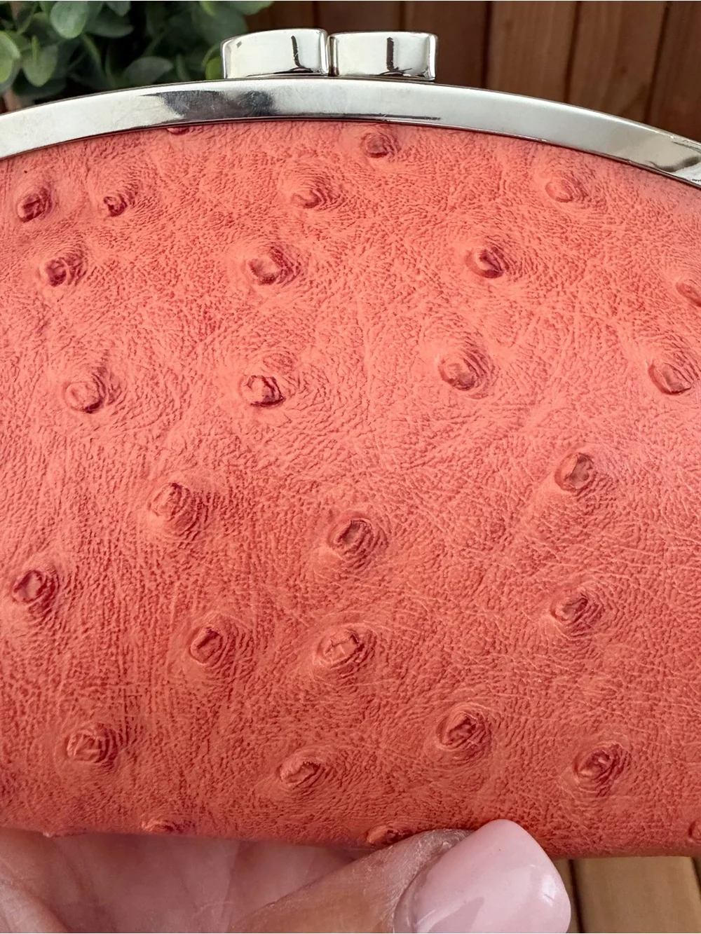 Vintage styled Ostrich Textured Kiss Lock Mini Clutch in Coral, Vegan Leather